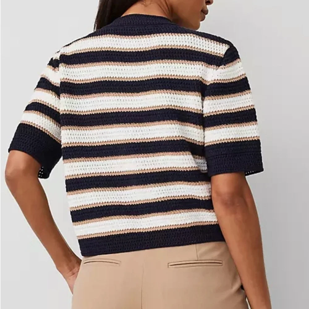 Striped Navy and Cream Button-Up Sweater - Picture 3 of 6